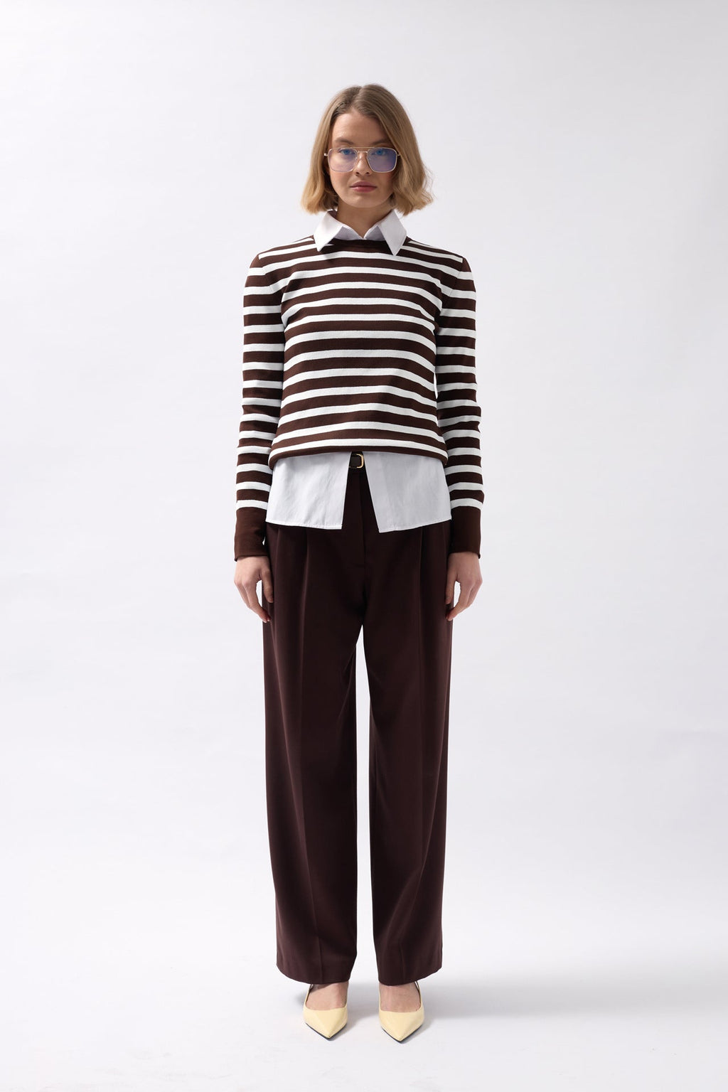 Crew Neck Striped White-Brown Blouse