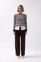 Crew Neck Striped White-Brown Blouse