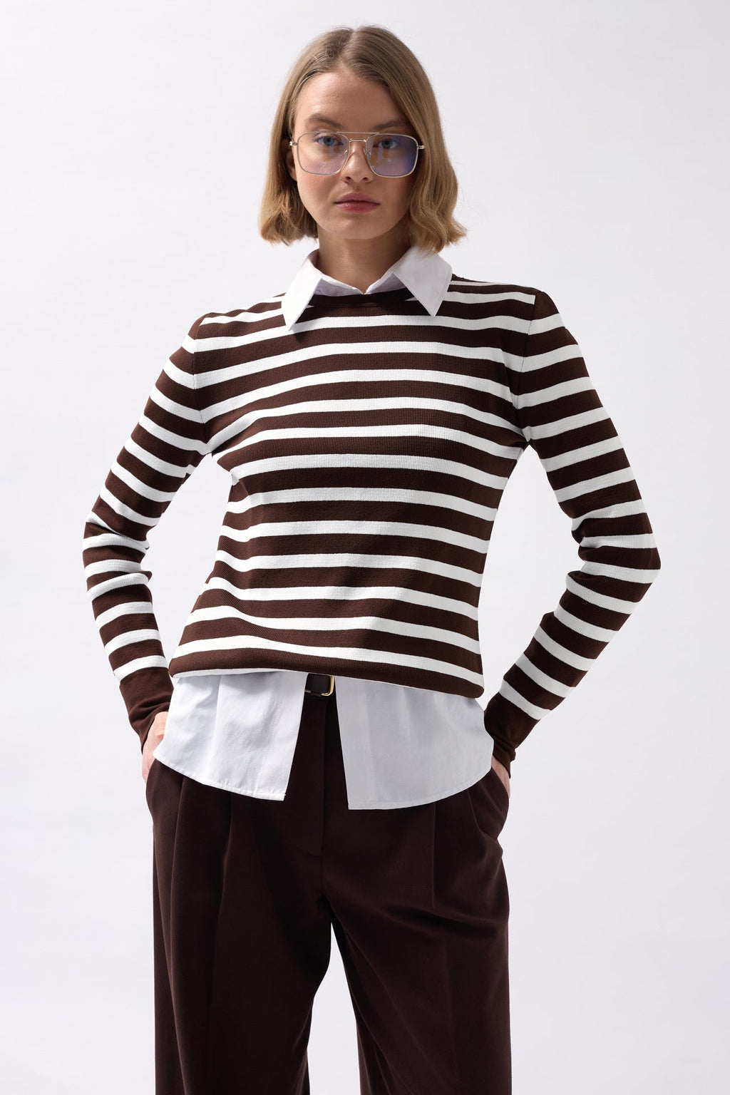 Crew Neck Striped White-Brown Blouse