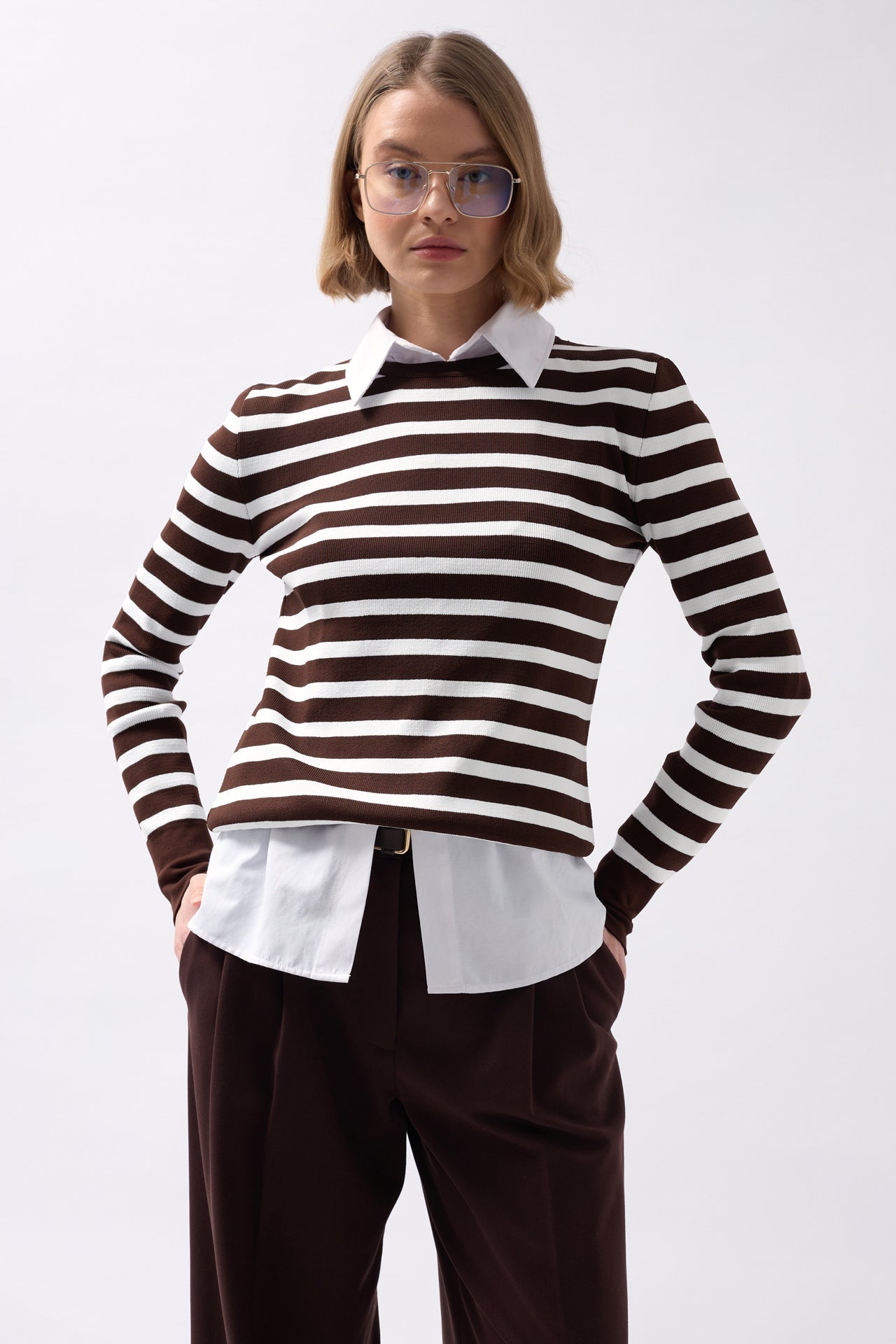 Crew Neck Striped White-Brown Blouse