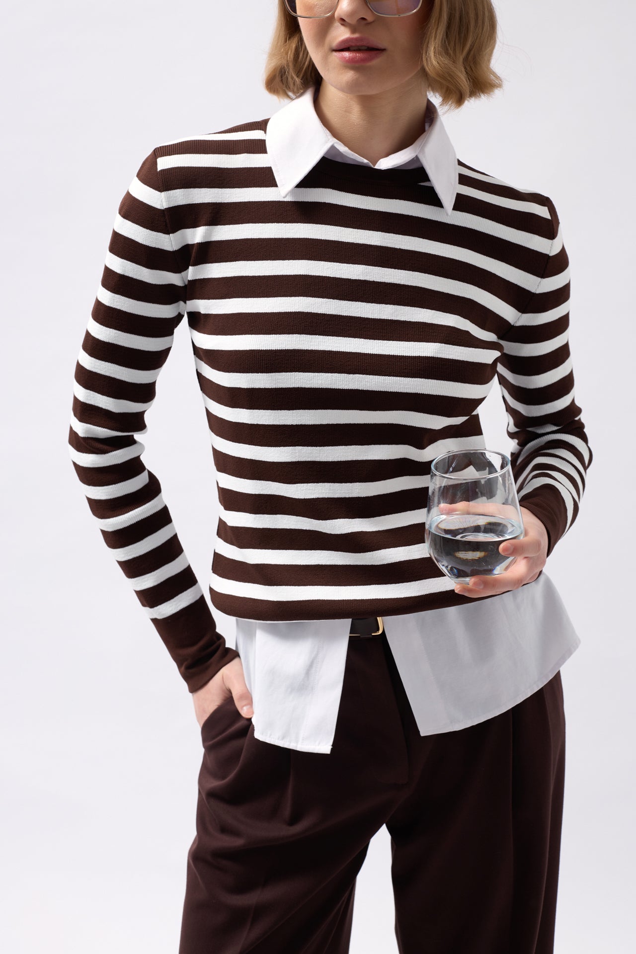 Crew Neck Striped White-Brown Blouse