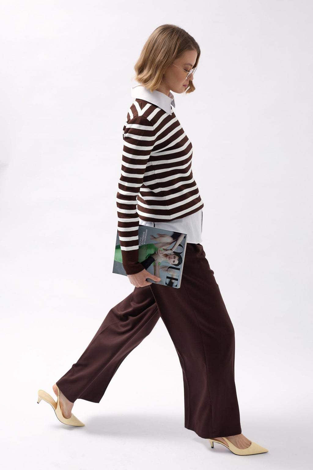 Crew Neck Striped White-Brown Blouse