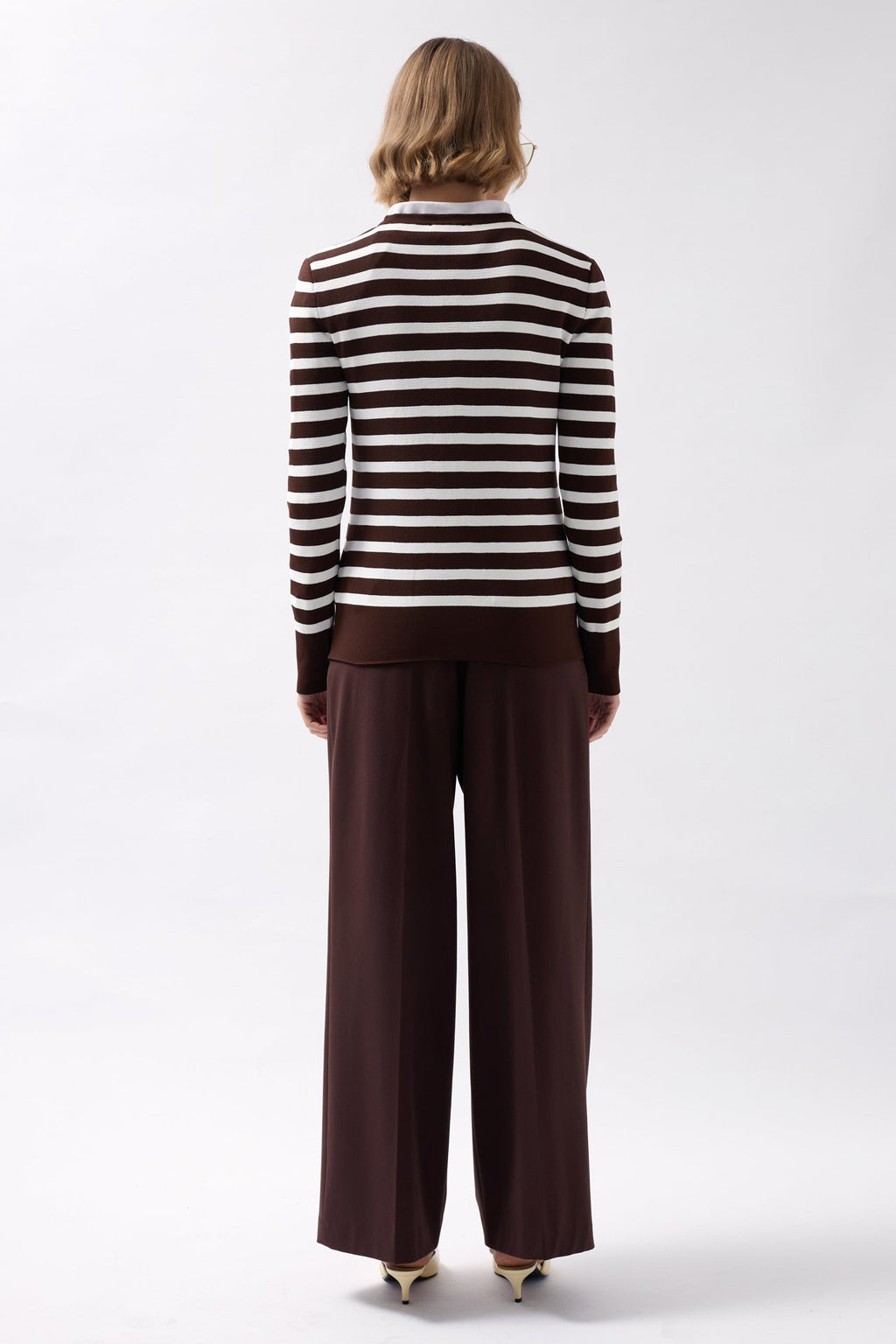 Crew Neck Striped White-Brown Blouse