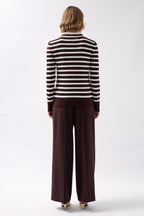 Crew Neck Striped White-Brown Blouse
