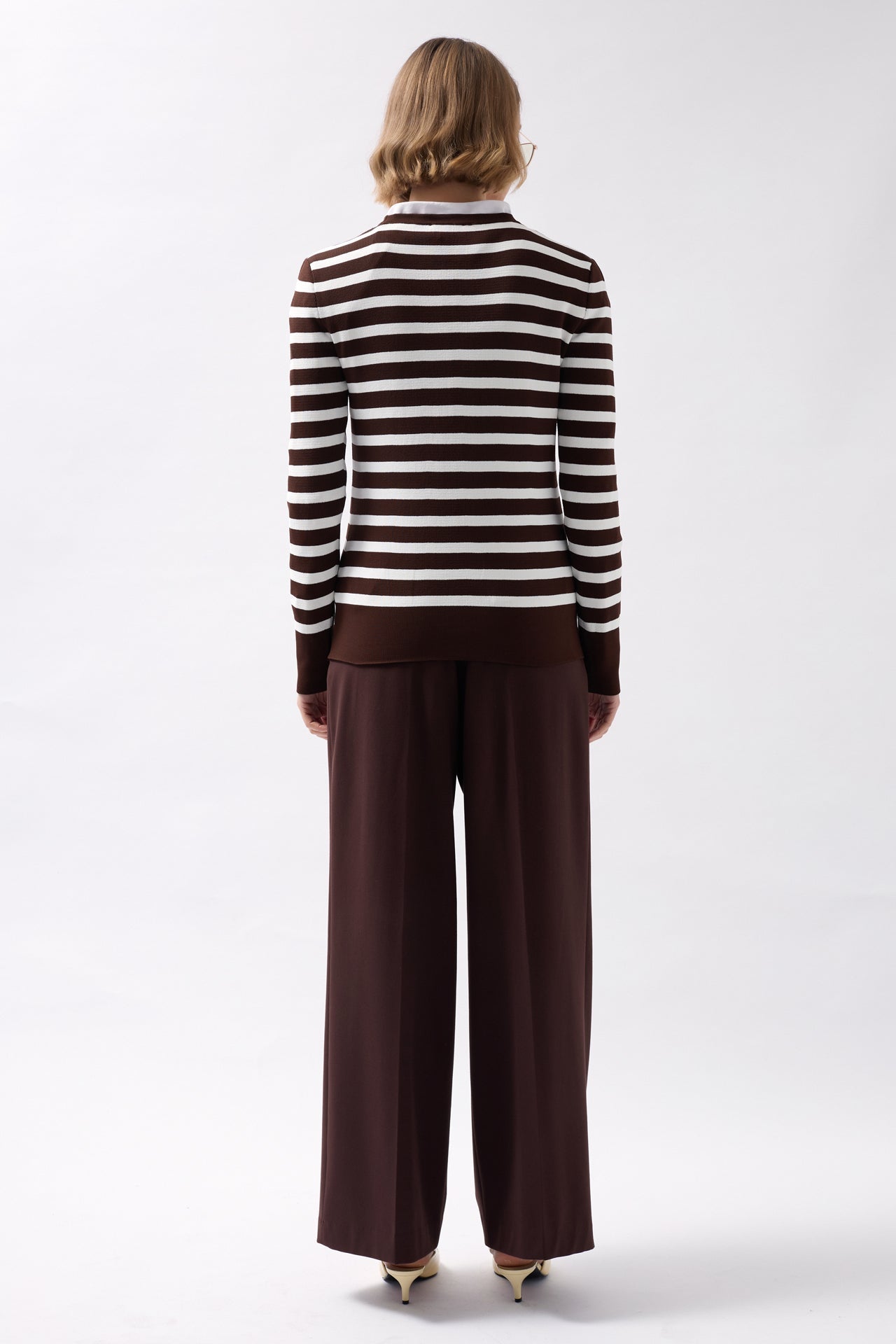 Crew Neck Striped White-Brown Blouse