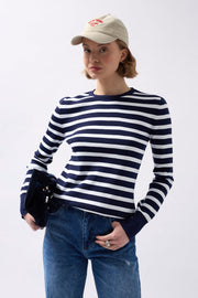 Crew Neck Striped White-Navy Blouse