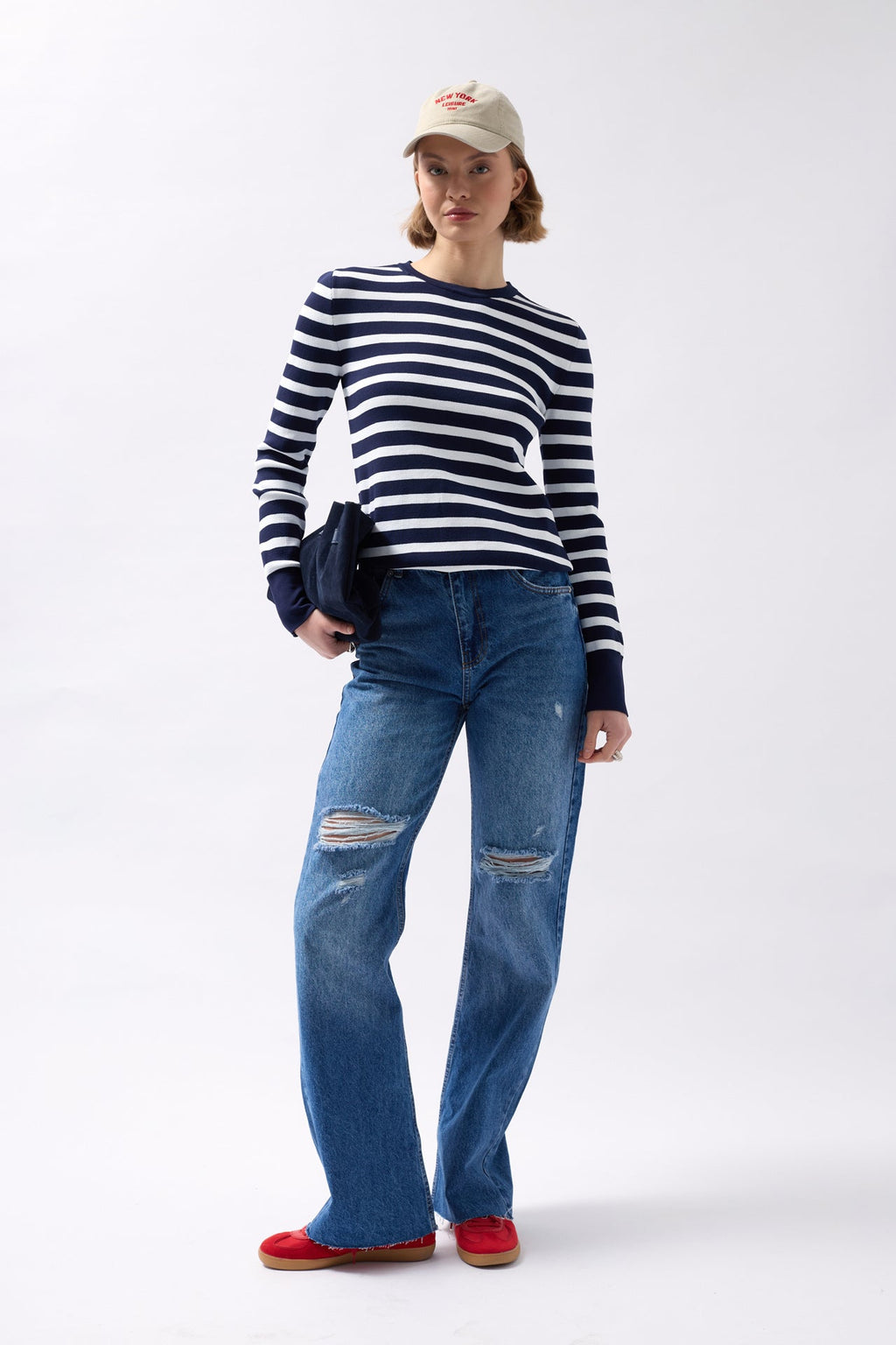 Crew Neck Striped White-Navy Blouse