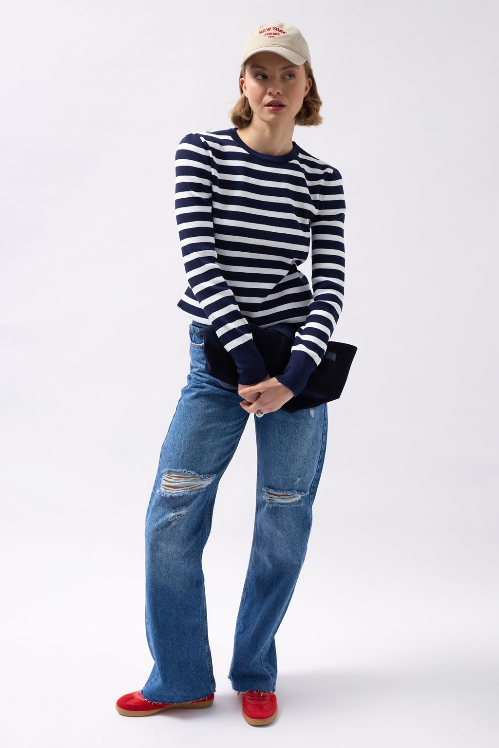 Crew Neck Striped White-Navy Blouse