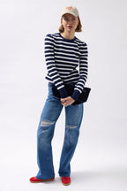 Crew Neck Striped White-Navy Blouse