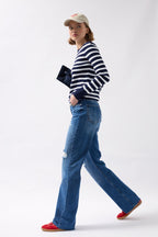 Crew Neck Striped White-Navy Blouse