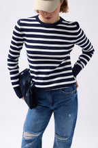 Crew Neck Striped White-Navy Blouse