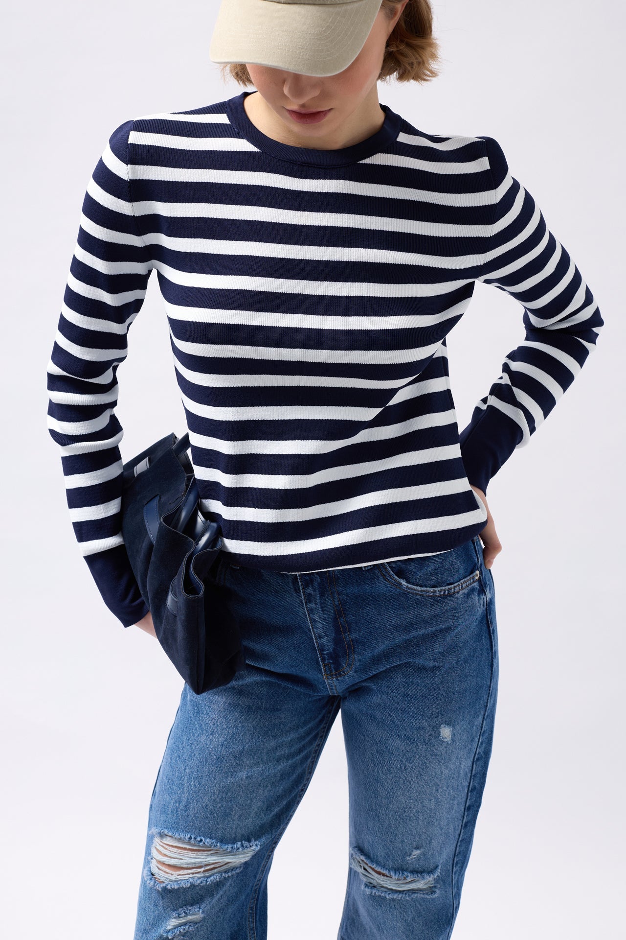 Crew Neck Striped White-Navy Blouse