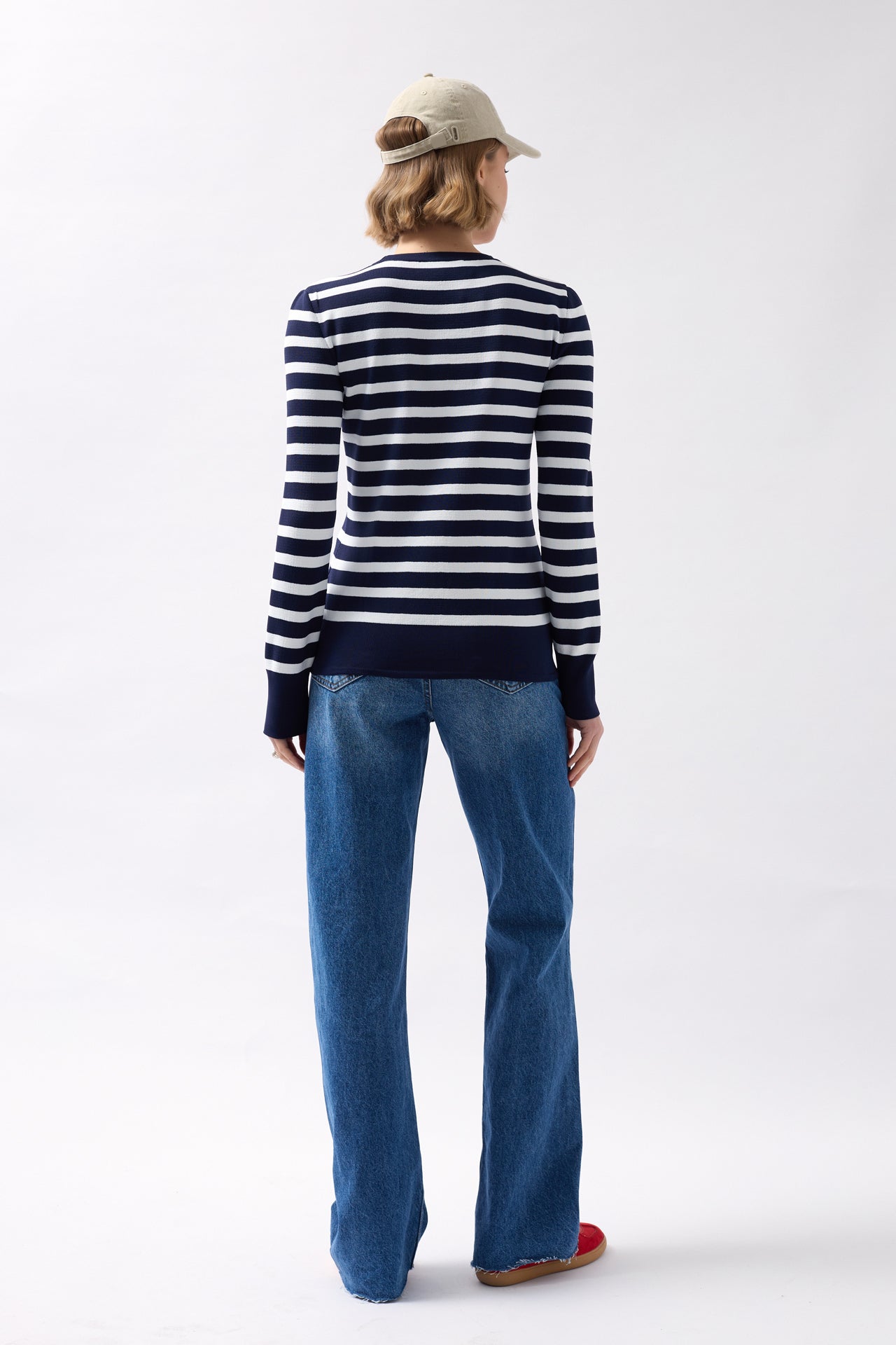 Crew Neck Striped White-Navy Blouse