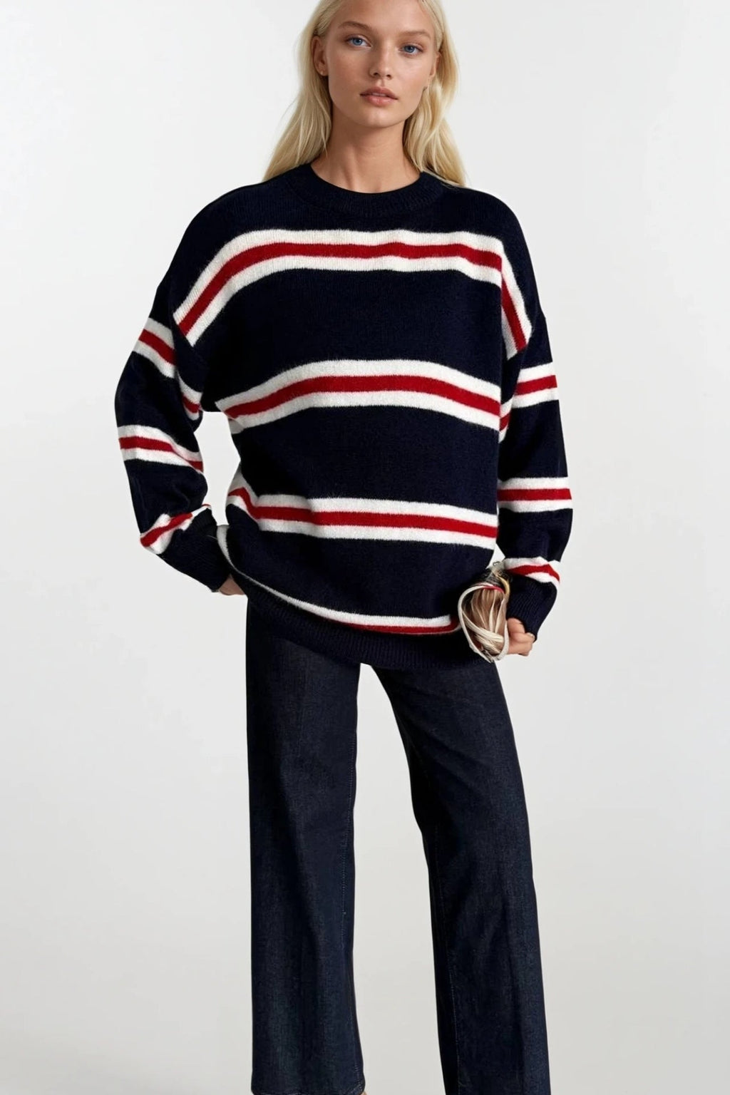 Crew Neck Striped Navy Knit Sweater