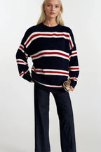 Crew Neck Striped Navy Knit Sweater