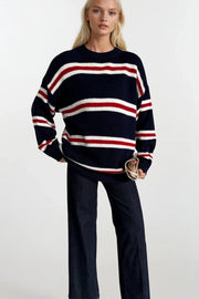 Crew Neck Striped Navy Knit Sweater