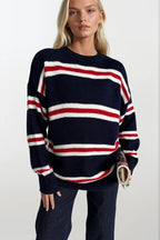 Crew Neck Striped Navy Knit Sweater