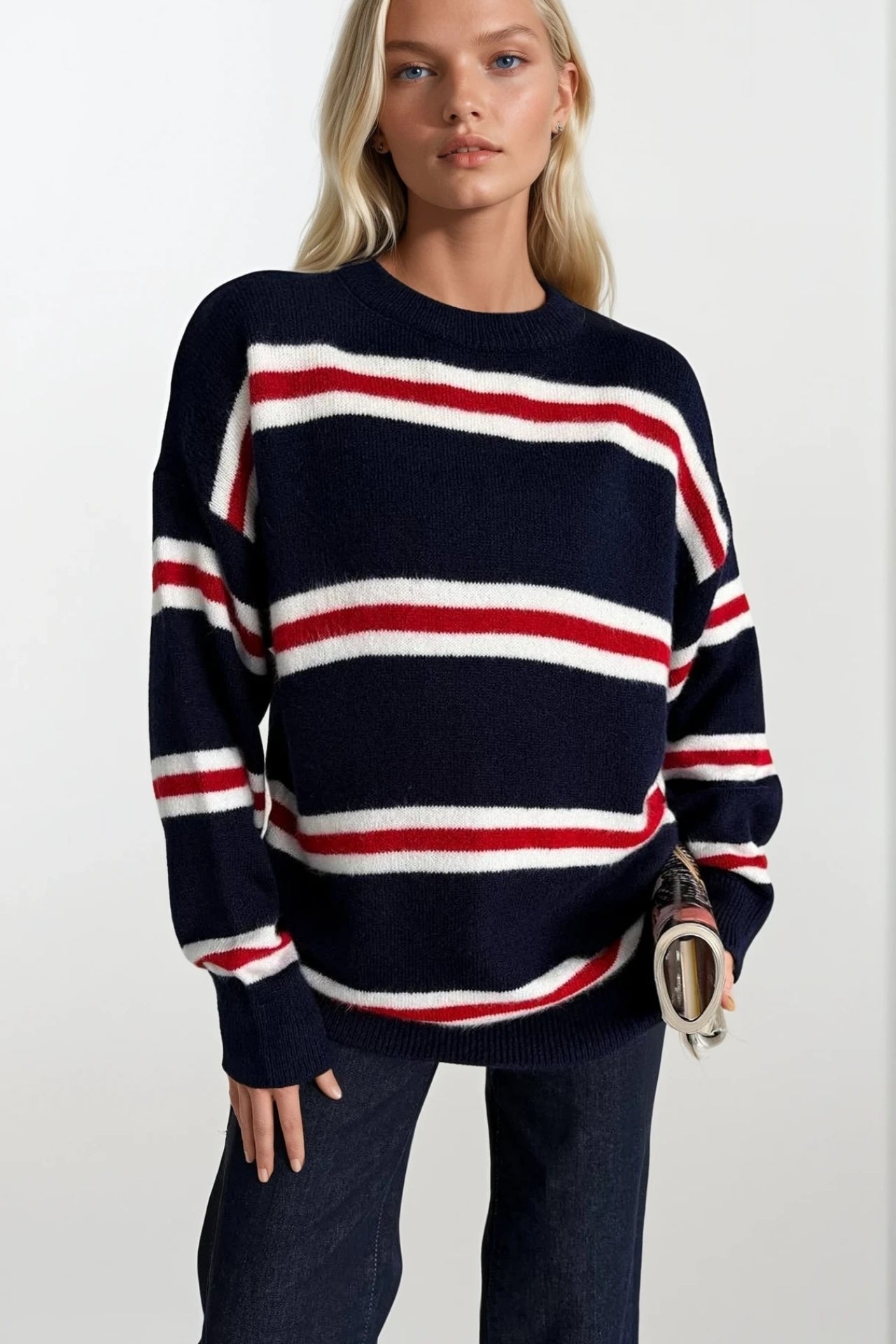 Crew Neck Striped Navy Knit Sweater