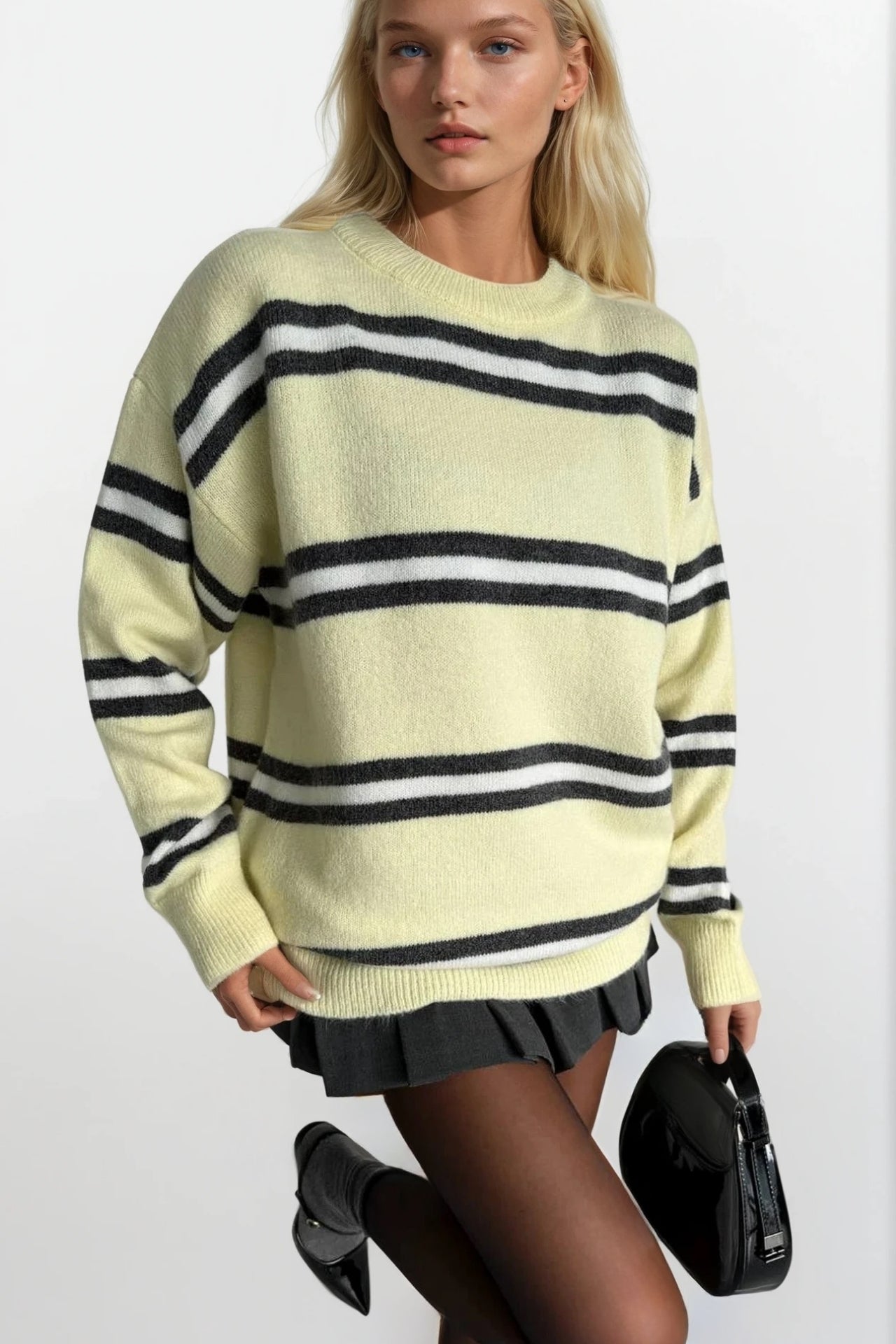Crew Neck Striped Yellow Knit Sweater