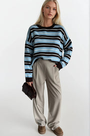 Round Neck Striped Knit Blue Blouse