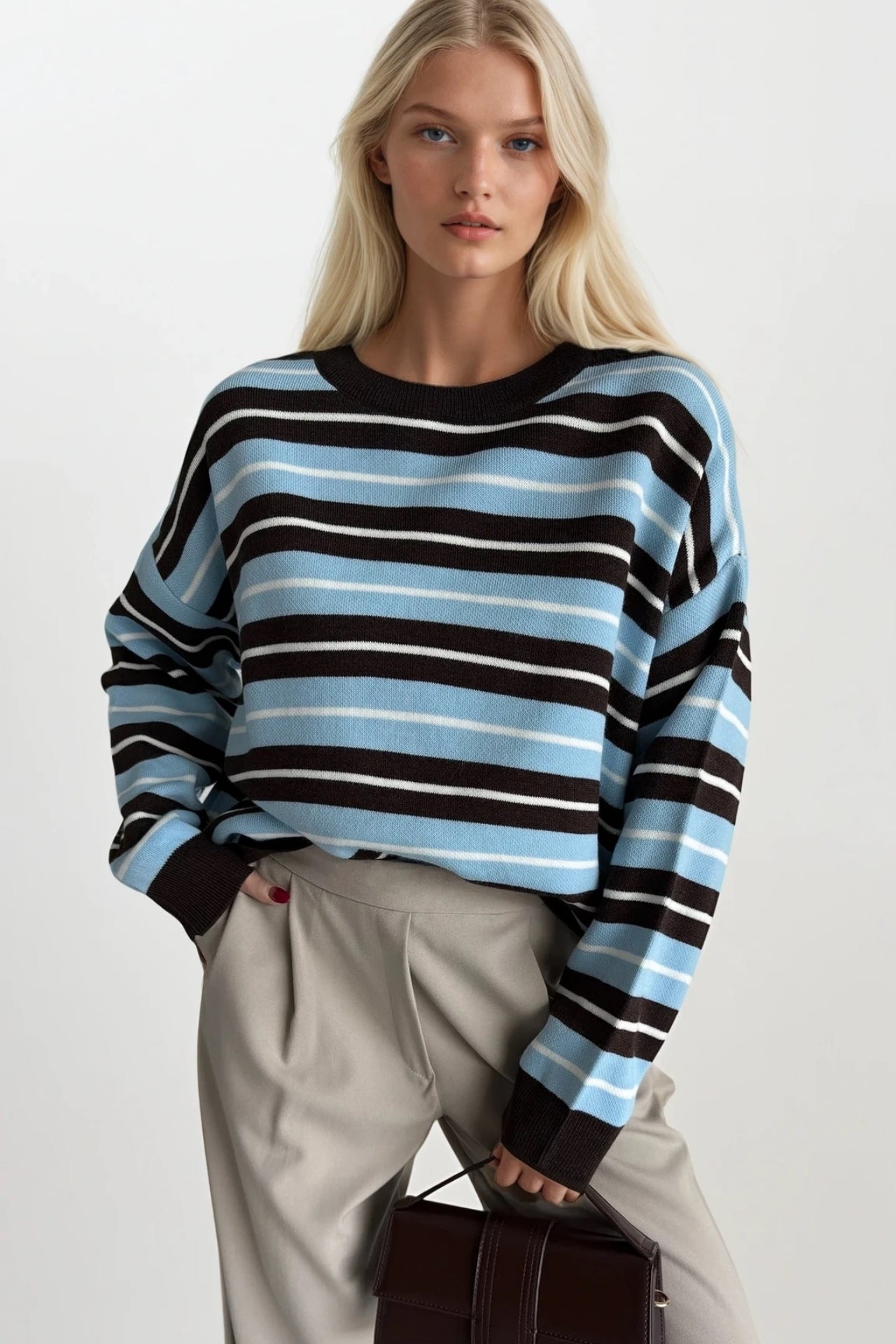 Crew Neck Striped Knit Blue Blouse