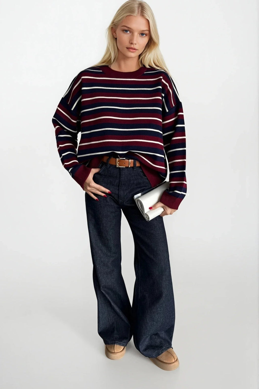 Crew Neck Striped Knit Burgundy Blouse