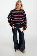 Crew Neck Striped Knit Burgundy Blouse