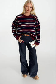 Burgundy Striped Knit Crew Neck Blouse