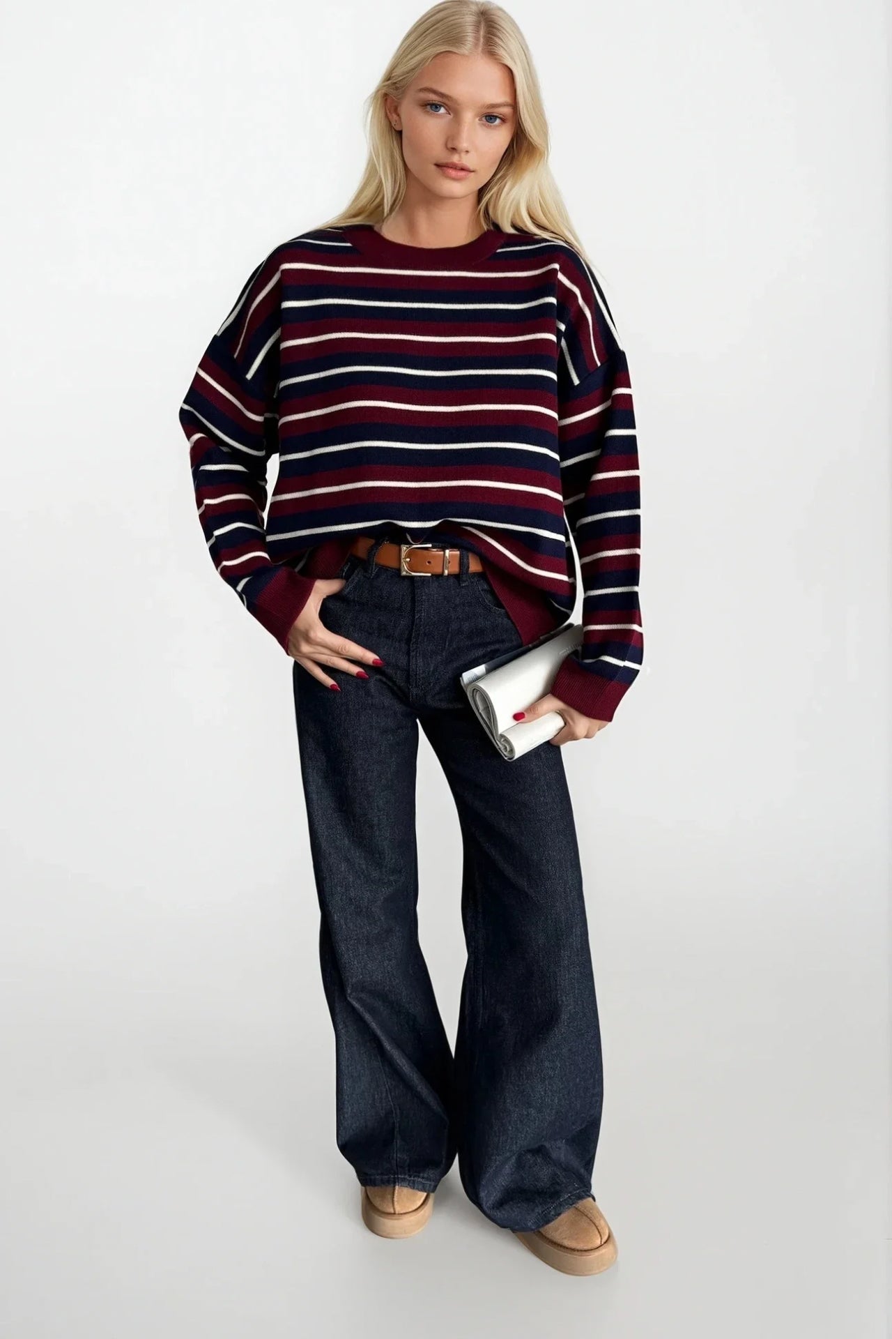 Crew Neck Striped Knit Burgundy Blouse