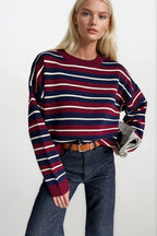Crew Neck Striped Knit Burgundy Blouse