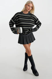Crew Neck Striped Knit Anthracite Blouse