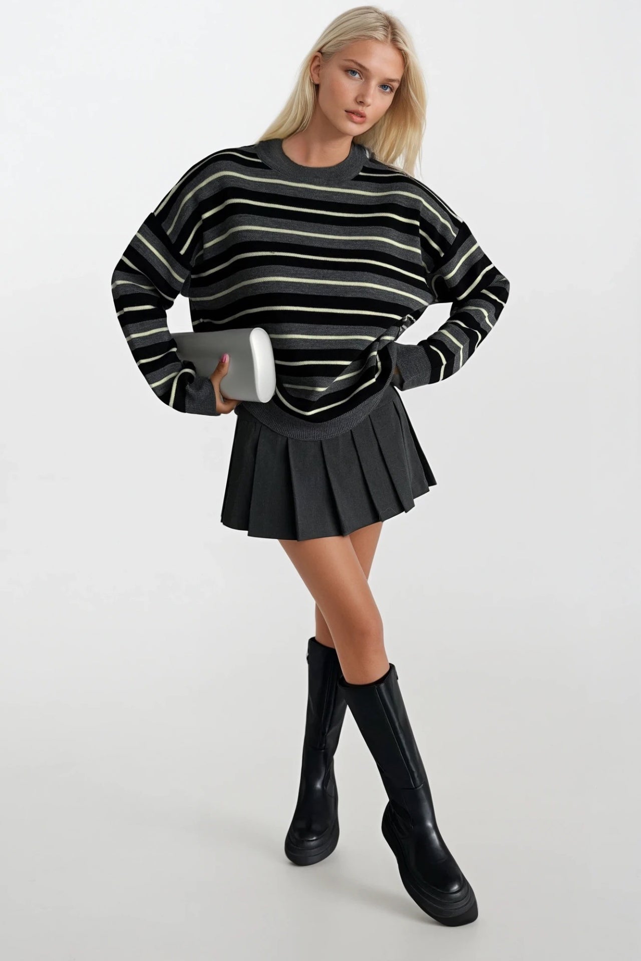 Crew Neck Striped Knit Anthracite Blouse