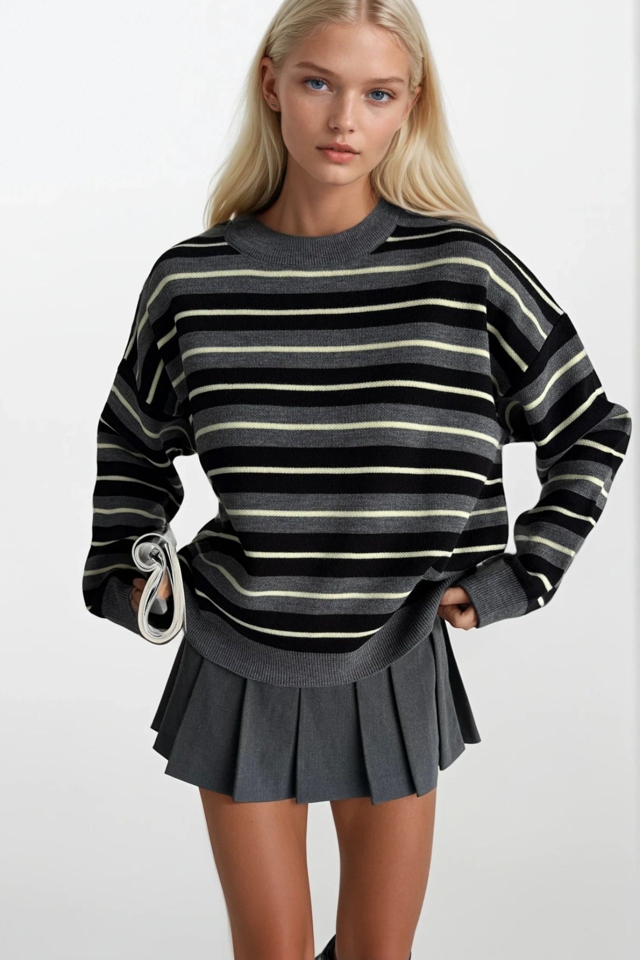 Crew Neck Striped Knit Anthracite Blouse