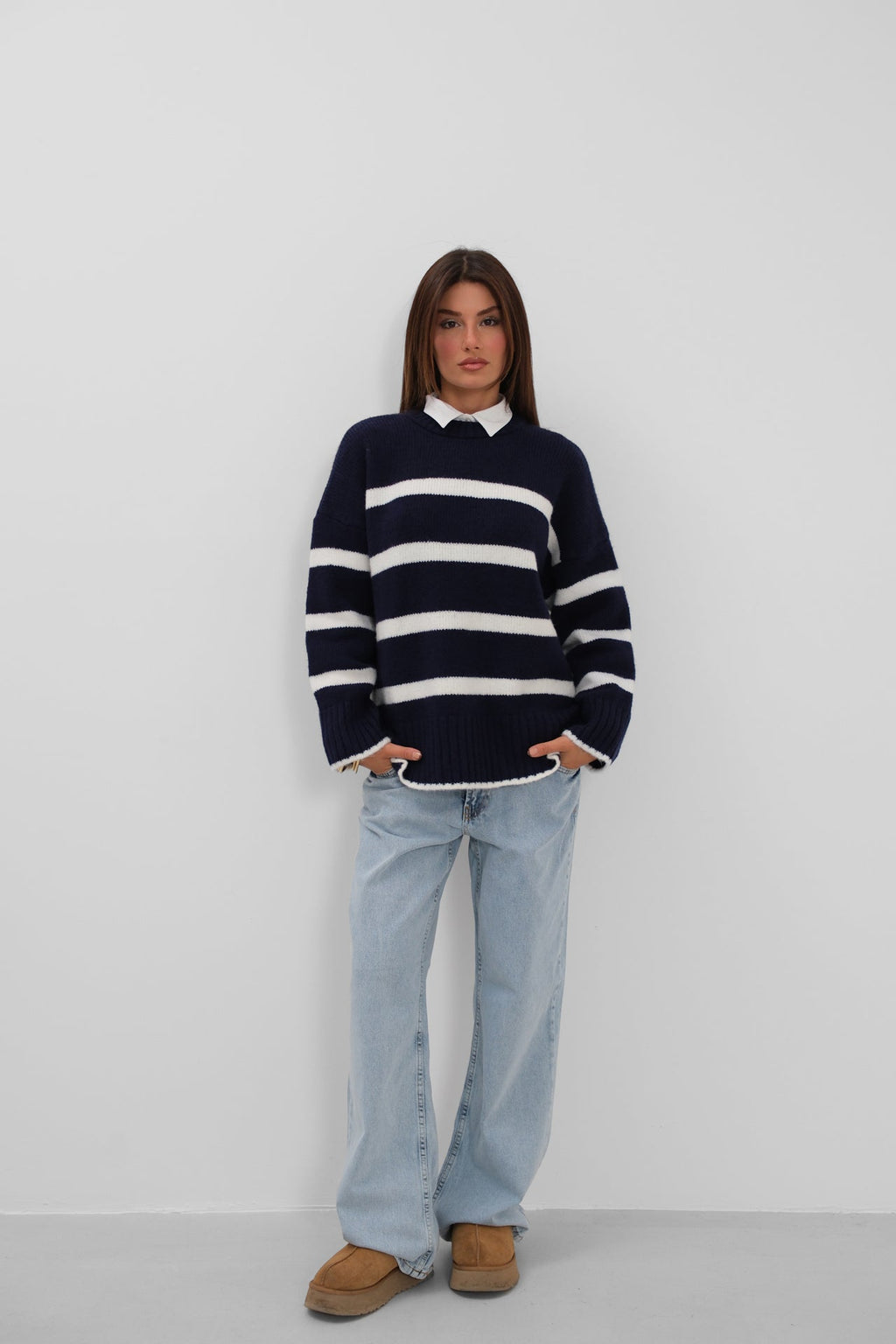 Crew Neck Striped Knit Navy Sweater