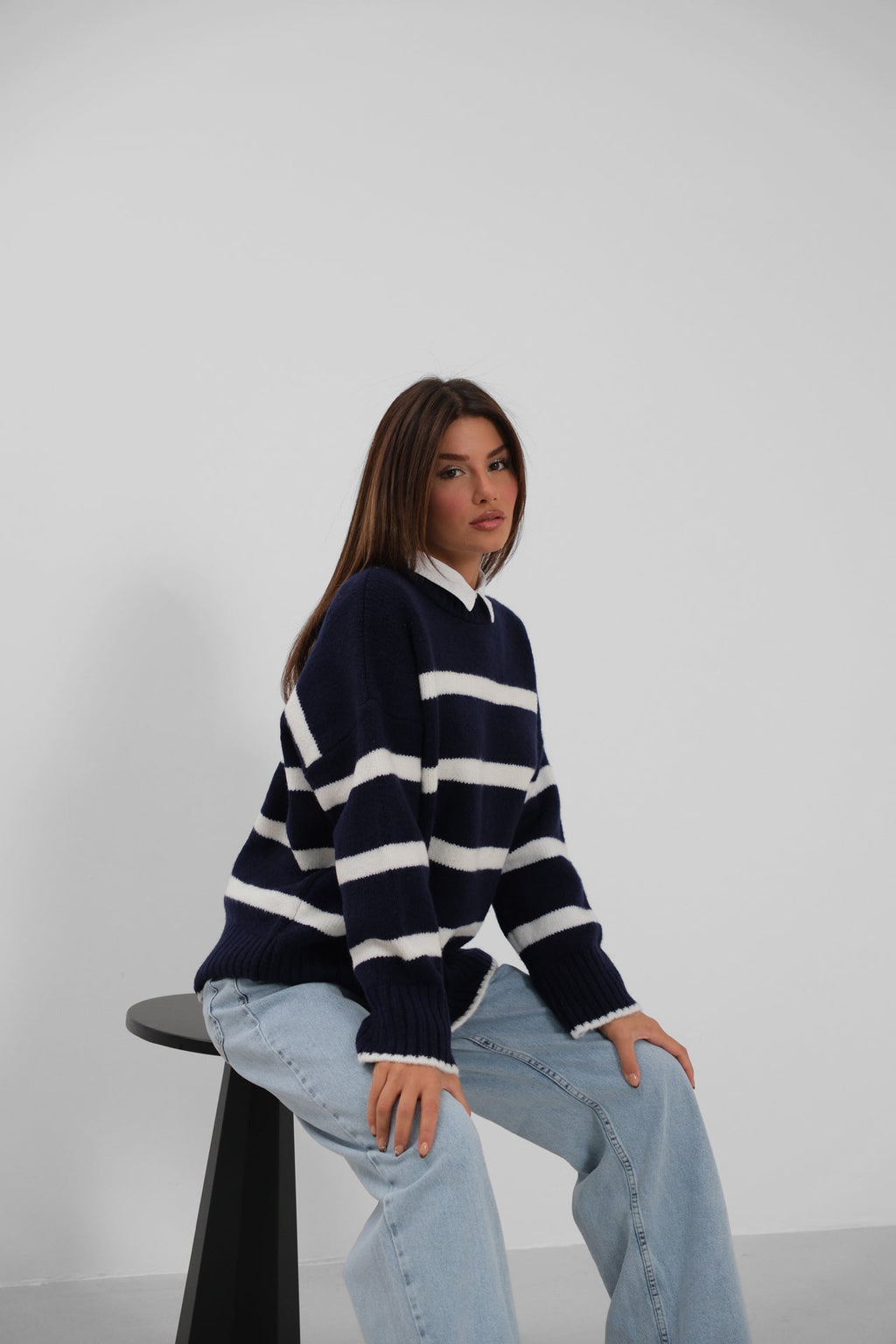 Crew Neck Striped Knit Navy Sweater