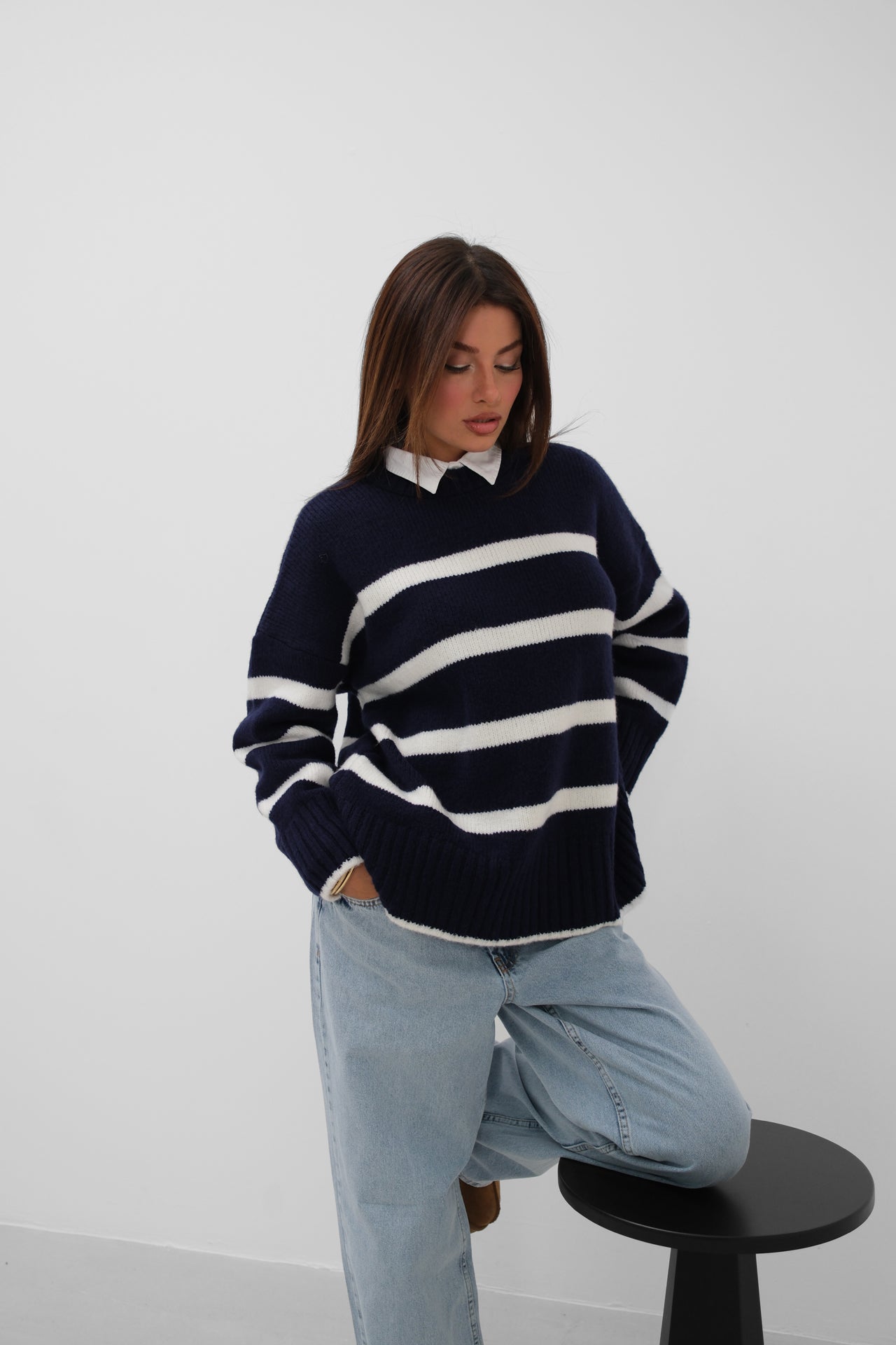 Crew Neck Striped Knit Navy Sweater