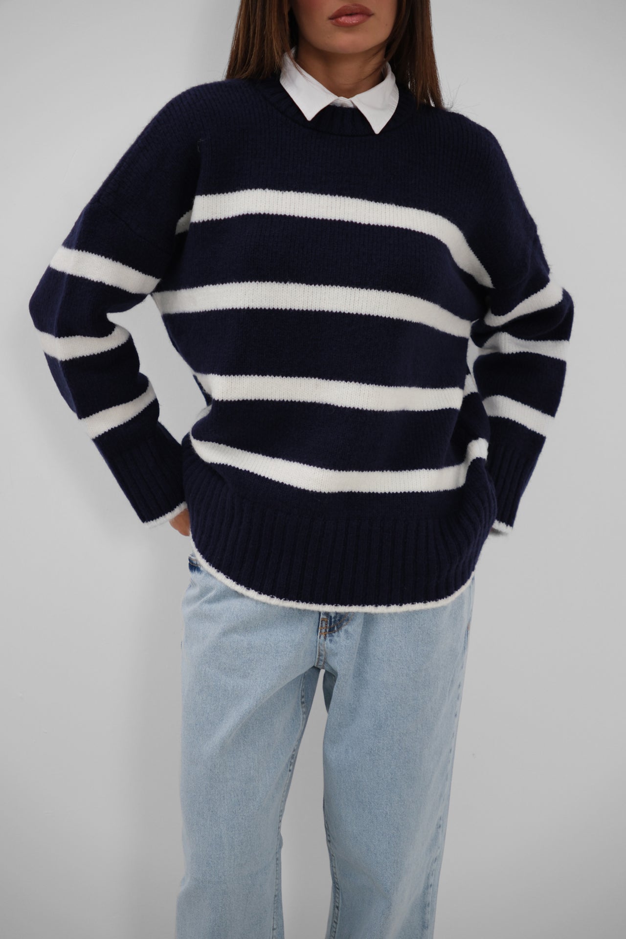 Crew Neck Striped Knit Navy Sweater
