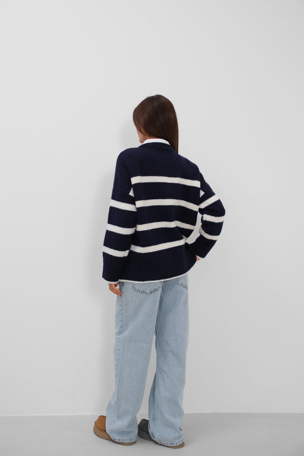 Crew Neck Striped Knit Navy Sweater