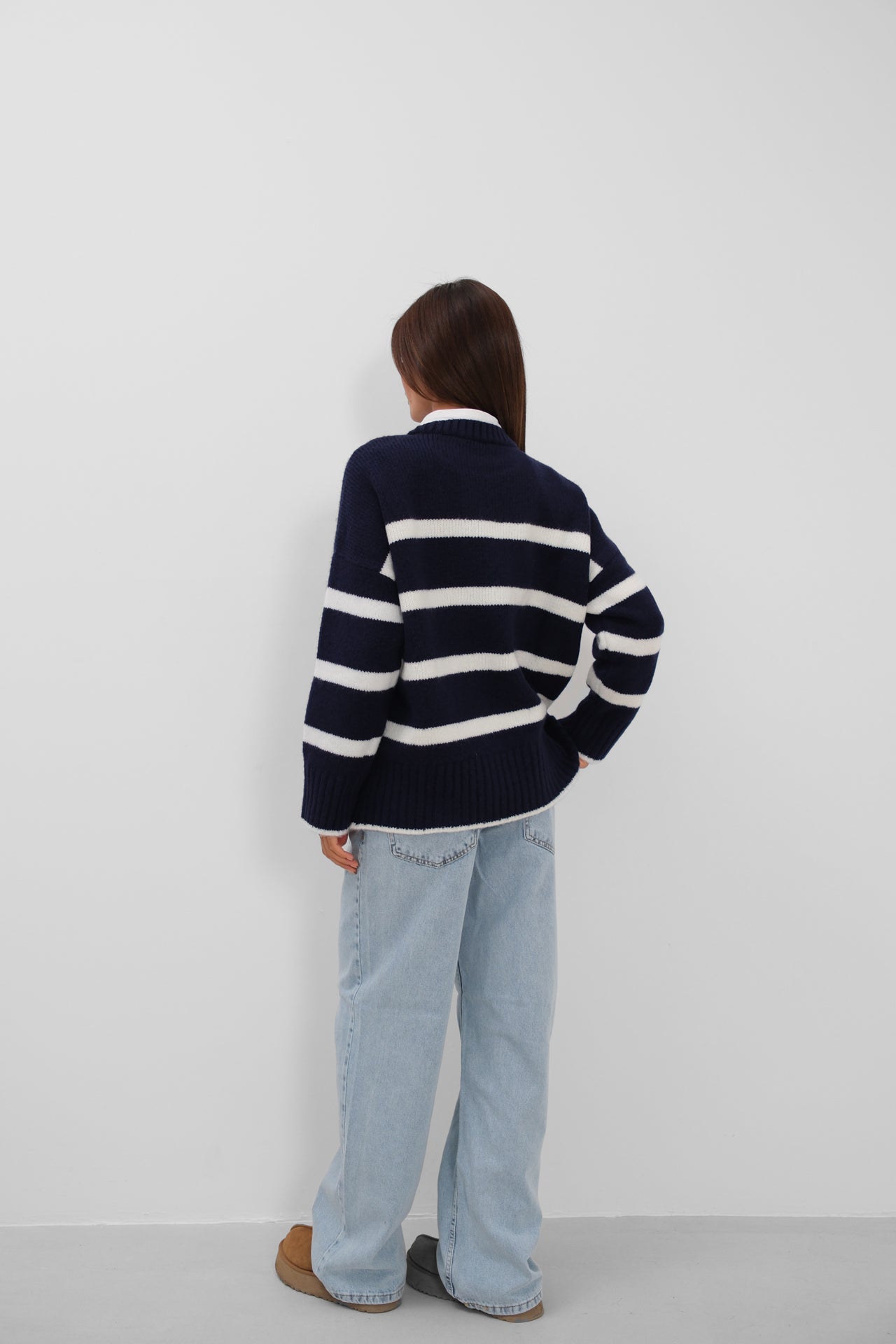 Crew Neck Striped Knit Navy Sweater