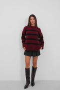 Crew Neck Striped Knit Burgundy Sweater
