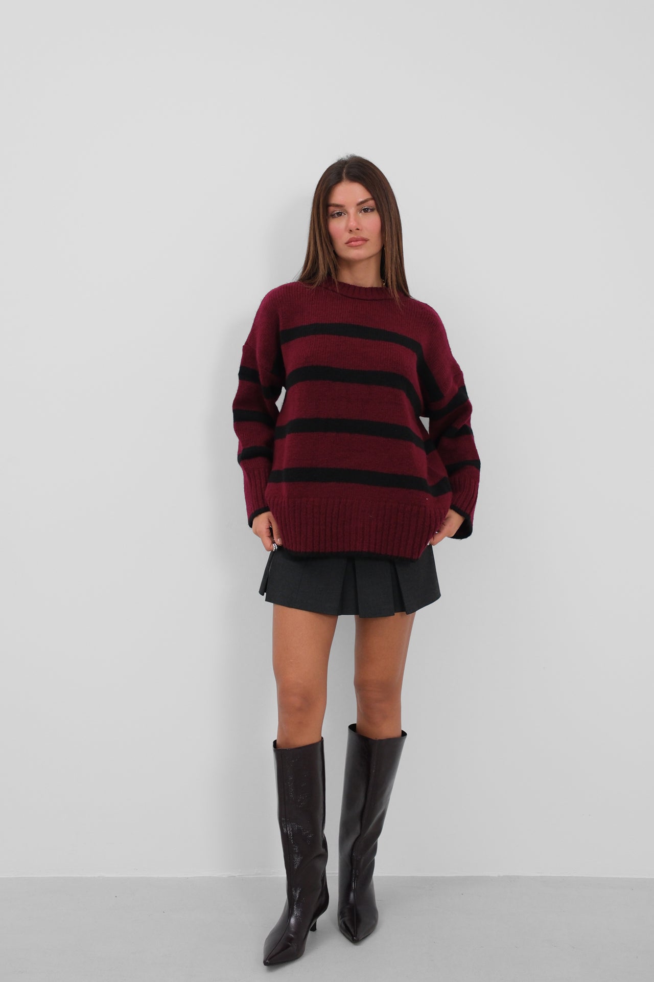 Crew Neck Striped Knit Burgundy Sweater