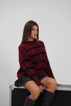 Crew Neck Striped Knit Burgundy Sweater