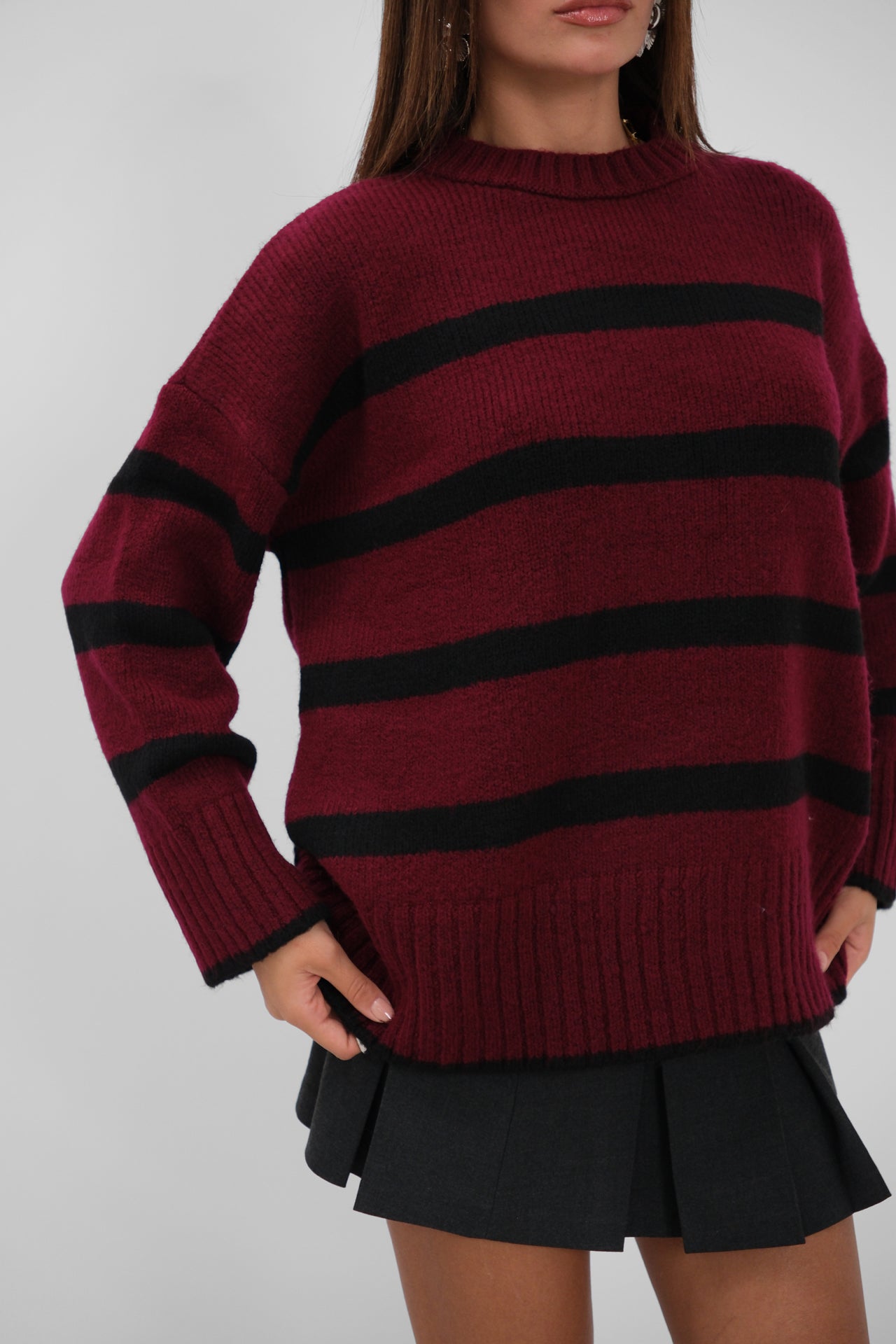Crew Neck Striped Knit Burgundy Sweater