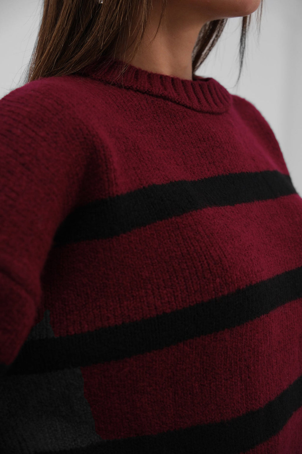 Crew Neck Striped Knit Burgundy Sweater