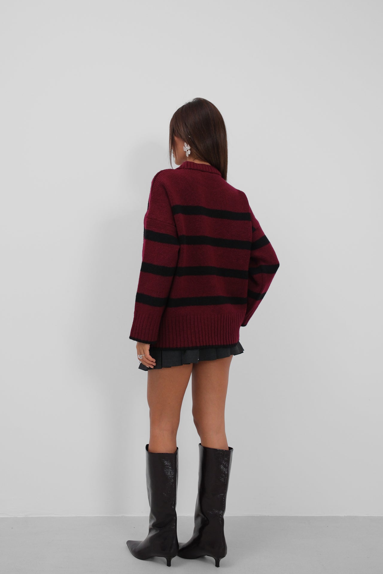 Crew Neck Striped Knit Burgundy Sweater