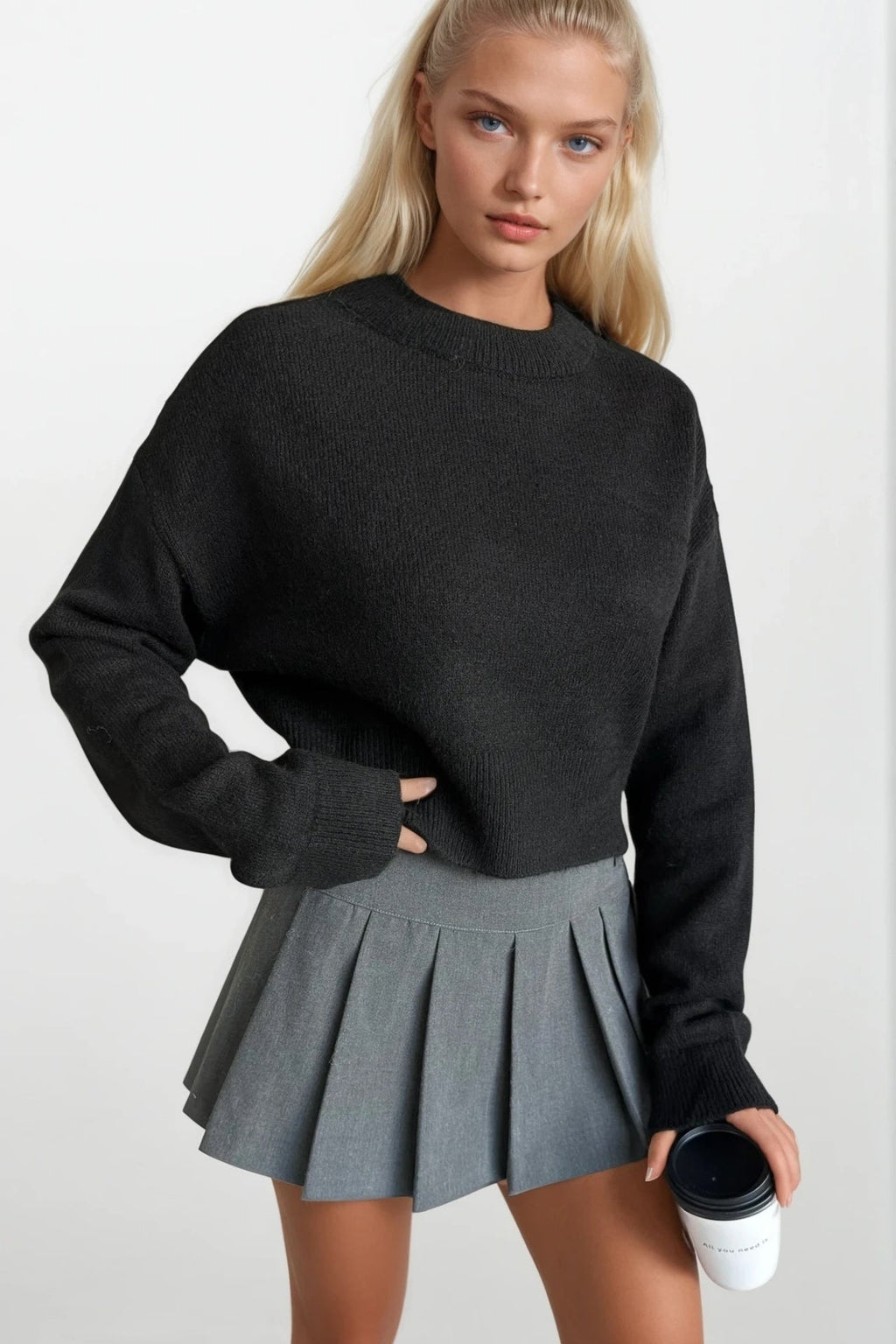Crew Neck Crop Black Knit Sweater
