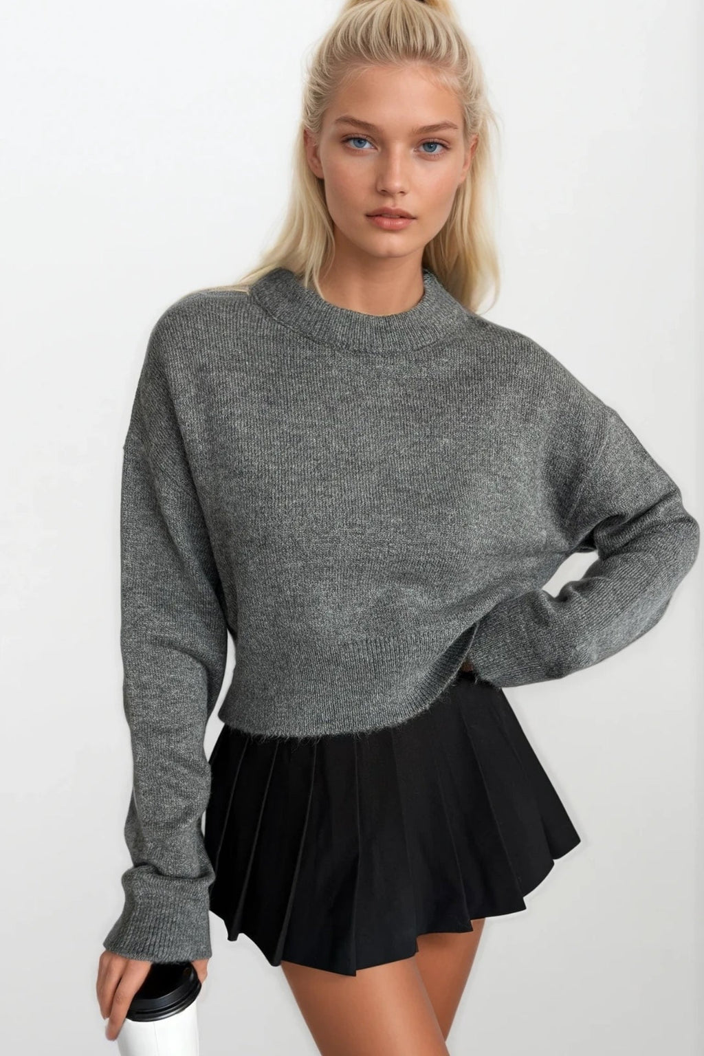 Crew Neck Crop Anthracite Knit Sweater