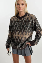 Crew Neck Brown Patterned Knit Sweater