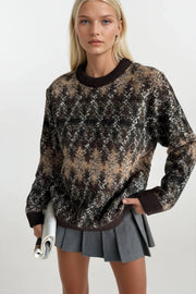 Crew Neck Brown Patterned Knit Sweater