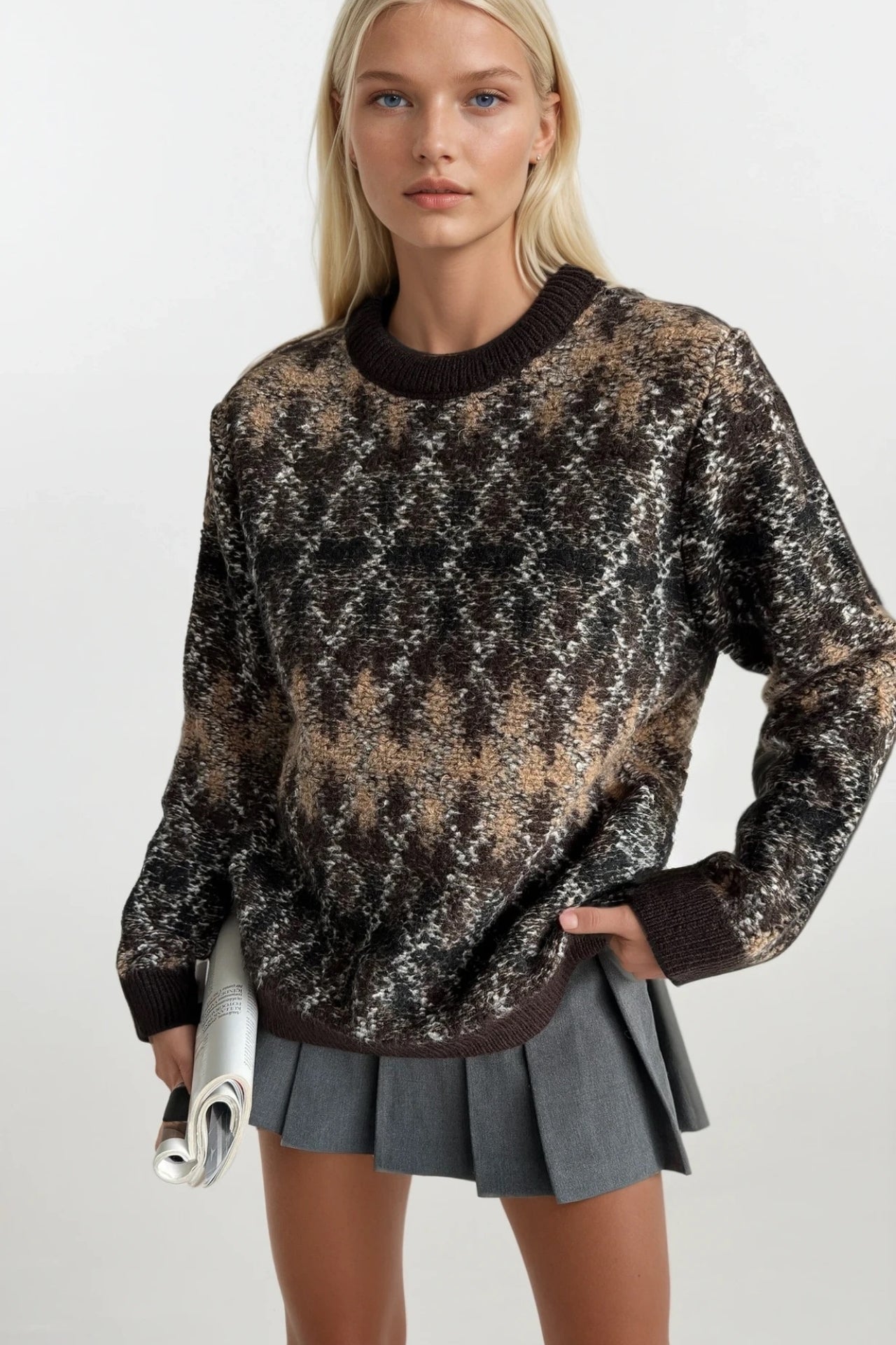 Crew Neck Brown Patterned Knit Sweater